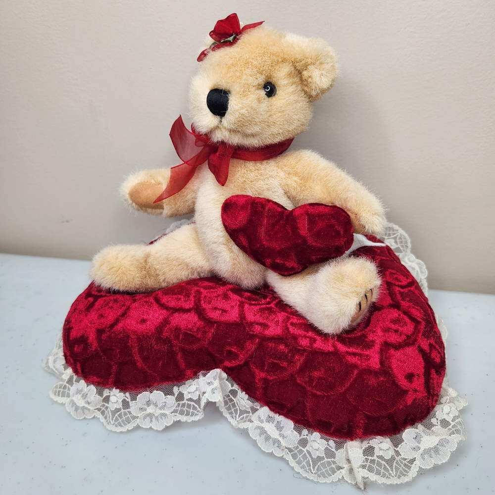 Vintage Plush Teddy Bear with Red Heart Pillow 90s Nostalgia